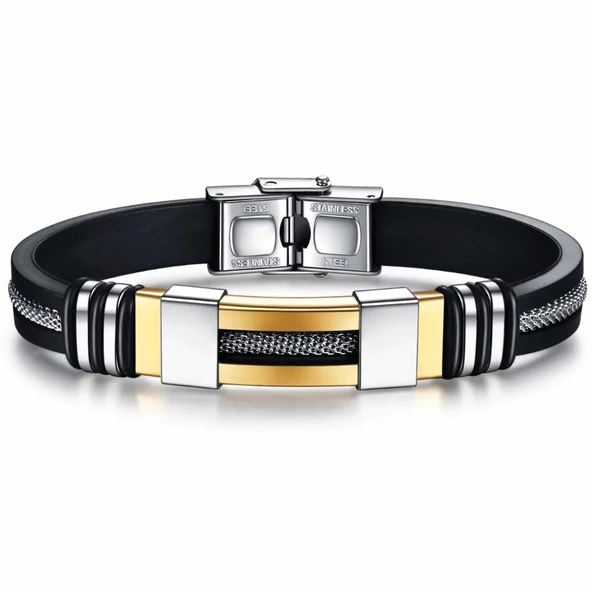 Ortası Hasır Kauçuk & Paslanmaz Çelik Erkek Bileklik - 3