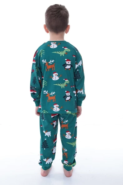 Yılbaşı Temalı Pamuk Unisex Çocuk Bisiklet Yaka Yeşil Pijama Takımı - 3