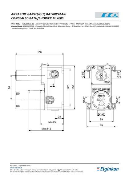 Eca Ankastre Banyo Bataryası Sıva Altı Grubu Mat Siyah - 3 Yollu 102166307C1 - Resim 2