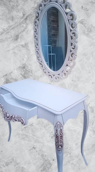 Dresuar MODEL 90522 Vintage Oymalı Bombe Kapak Kayın Lükens Ayak Beyaz El Yapım - Resim 2