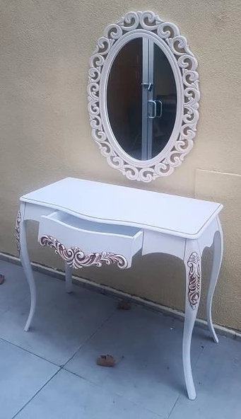 Dresuar MODEL 90522 Vintage Oymalı Bombe Kapak Kayın Lükens Ayak Beyaz El Yapım - Resim 9