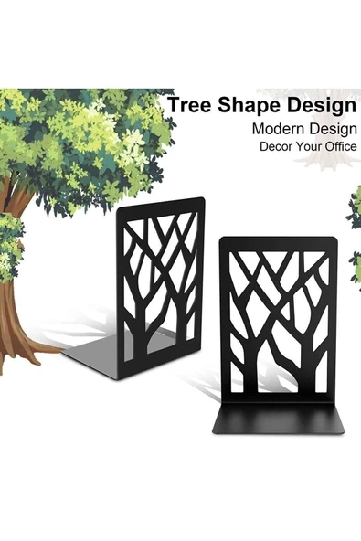 Ağaç Desenli Metal Kitap Desteği Siyah - Kitap Tutucu - Ev Ve Ofis Dekoratif Aksesuar( 2 Li Set) - 2