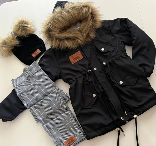 MODAVALS KIZ ÇOCUK TAK ÇIKAR İTHAL KÜRKLÜ KAPİŞONLU BEL AYARLAMALI LASTİKLİ MONT ÇİFT PONPONLU BERE EKOSE PANTOLON 3LU KOMBİN - 8