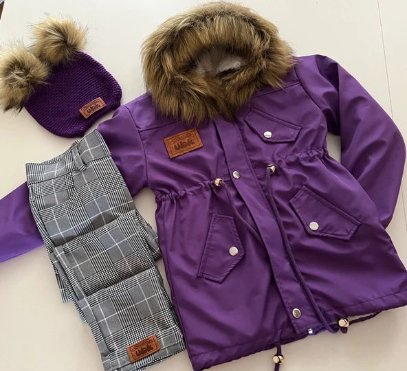 MODAVALS KIZ ÇOCUK TAK ÇIKAR İTHAL KÜRKLÜ KAPİŞONLU BEL AYARLAMALI LASTİKLİ MONT ÇİFT PONPONLU BERE EKOSE PANTOLON 3LU KOMBİN - 4