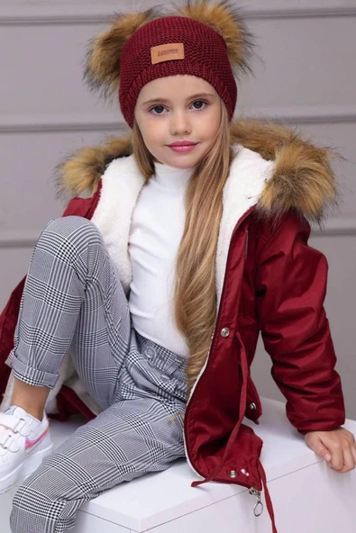 MODAVALS KIZ ÇOCUK TAK ÇIKAR İTHAL KÜRKLÜ KAPİŞONLU BEL AYARLAMALI LASTİKLİ MONT ÇİFT PONPONLU BERE EKOSE PANTOLON 3LU KOMBİN - 11