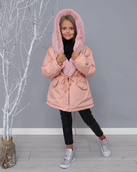 MODAVALS KIZ ÇOCUK YAKA TAK ÇIKAR İTHAL KÜRKLÜ KAPİŞONLU İÇİ PELUŞ SU GEÇİRMEZ MONT - 3