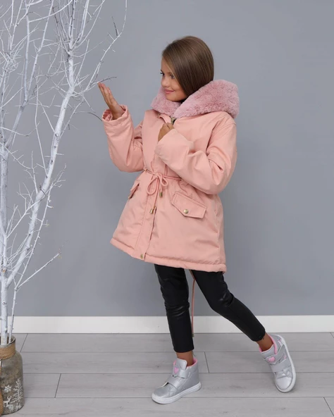 MODAVALS KIZ ÇOCUK YAKA TAK ÇIKAR İTHAL KÜRKLÜ KAPİŞONLU İÇİ PELUŞ SU GEÇİRMEZ MONT - 5