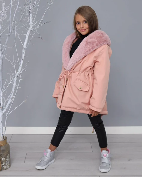 MODAVALS KIZ ÇOCUK YAKA TAK ÇIKAR İTHAL KÜRKLÜ KAPİŞONLU İÇİ PELUŞ SU GEÇİRMEZ MONT - 4