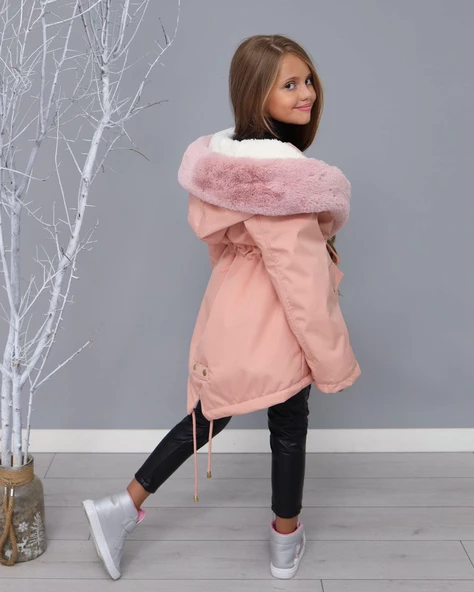 MODAVALS KIZ ÇOCUK YAKA TAK ÇIKAR İTHAL KÜRKLÜ KAPİŞONLU İÇİ PELUŞ SU GEÇİRMEZ MONT - 6