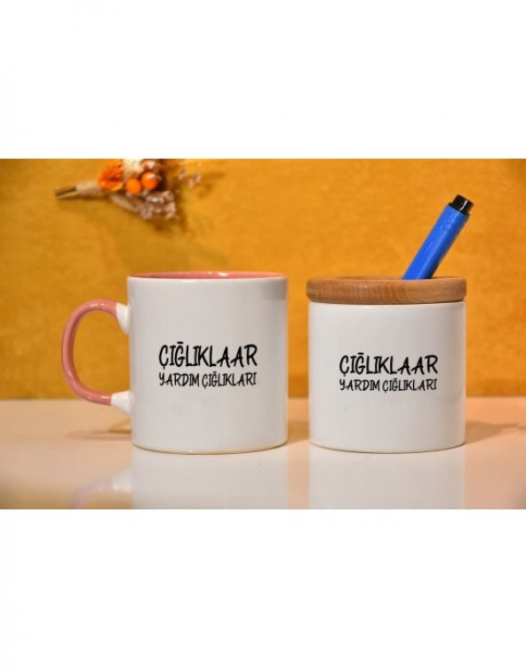 Çığlıklar Yardım Çığlıkları Baskılı Kupa Bardak ve Kalemlik Seti