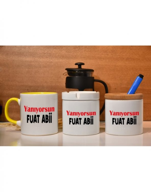 Yanıyorsun Fuat Abi Baskılı Kupa French Press Kalemlik ve Küllük Hediye Seti - 3