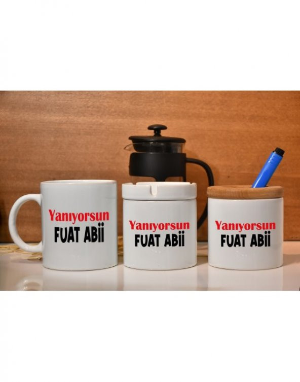Yanıyorsun Fuat Abi Baskılı Kupa French Press Kalemlik ve Küllük Hediye Seti - 8