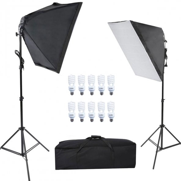 Deyatech Paraflaşh Softbox 50X70cm 5 Duylu 2li Video Kit 10 Adet 20 Watt Led Lamba