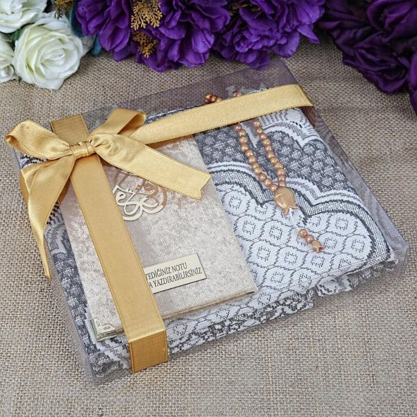 Hediyelik Kadife Kaplı Yasin Kitabı, Seccade, Kokulu Tesbih, Asetat Kutulu (26×23) Paket Gold - 1