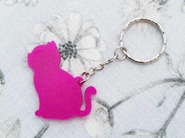 Litofan Kedi İskeleti Anahtarlık Zincirsiz Organik Plastikten Pembe