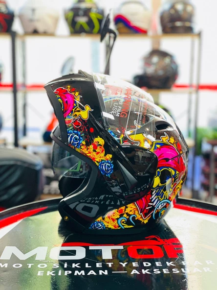 VİRTUE ÇENE AÇILIR GÜNEŞ VİZÖRLÜ ECE 22.05 GÜVENLİK SERTİFİKALI KASK KURU KAFA GÜL ATEŞ DETAYLI SMALL S - Resim 3