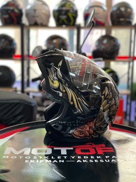 VİRTUE ÇENE AÇILIR GÜNEŞ VİZÖRLÜ ECE 22.05 GÜVENLİK SERTİFİKALI KASK SİYAH GOLD KANAT DETAYLI MEDİUM M - Resim 3