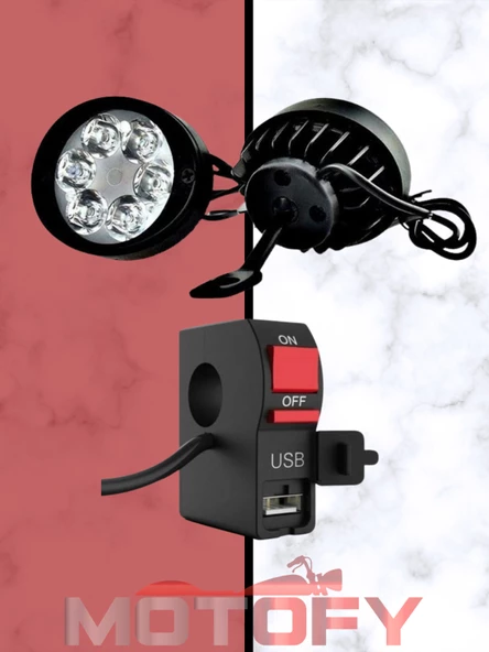 6 LEDLİ AYNA BAĞLANTILI AÇI AYARLI ULTRA GÜÇLÜ MOTOSİKLET SİS FARI VE GÜNDÜZ LEDİ + USB ŞARJ BAĞLANTILI AÇ KAPA BUTONU FULL SET