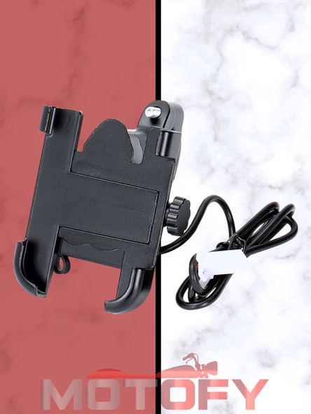 YANDAN AYARLI USB ŞARJ ÇIKIŞLI MOTOSİKLET GİDON TELEFON TUTUCU ALÜMİNYUM - Resim 2