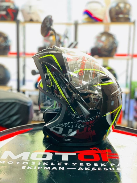 VİRTUE ÇENE AÇILIR GÜNEŞ VİZÖRLÜ ECE 22.05 GÜVENLİK SERTİFİKALI KASK SİYAH SARI DETAYLI LARGE L - Resim 2