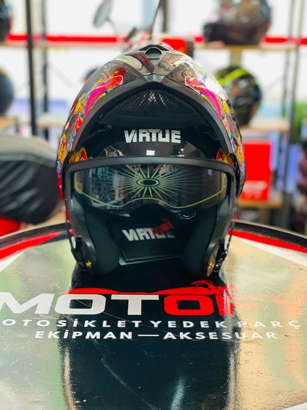 VİRTUE ÇENE AÇILIR GÜNEŞ VİZÖRLÜ ECE 22.05 GÜVENLİK SERTİFİKALI KASK KURU KAFA GÜL ATEŞ DETAYLI LARGE L - Resim 2