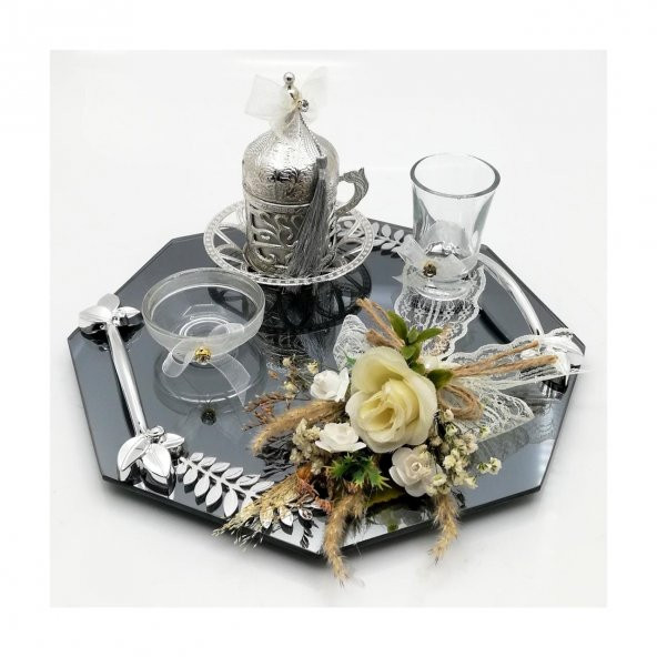 Lora Davet Sekizgen Cam Damat Fincanı ve Söz Nişan Tepsisi Takım (1 Adet) Beyaz - 54489 - 3