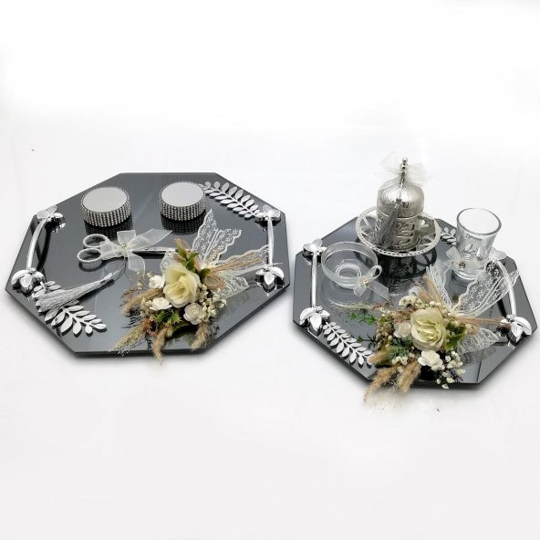 Lora Davet Sekizgen Cam Damat Fincanı ve Söz Nişan Tepsisi Takım (1 Adet) Beyaz - 54489 - 6