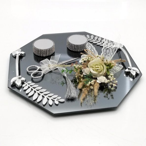 Lora Davet Sekizgen Cam Damat Fincanı ve Söz Nişan Tepsisi Takım (1 Adet) Beyaz - 54489 - 7