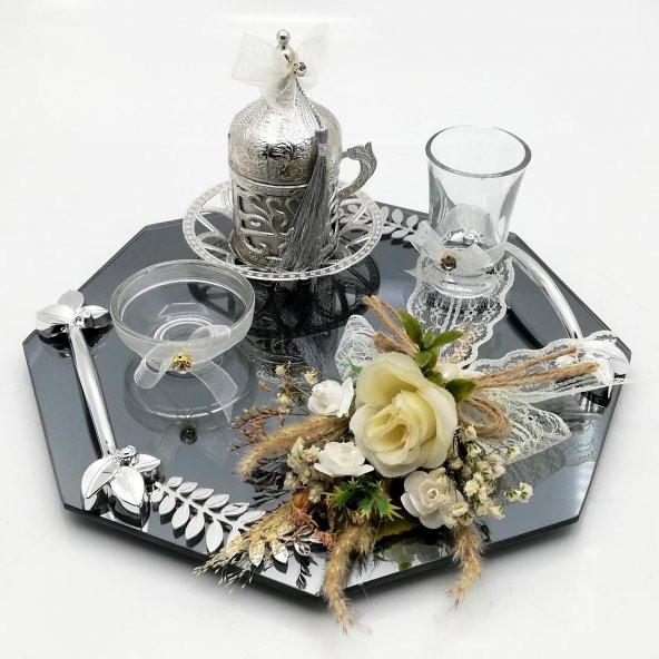 Lora Davet Sekizgen Cam Damat Fincanı ve Söz Nişan Tepsisi Takım (1 Adet) Beyaz - 54489 - 8