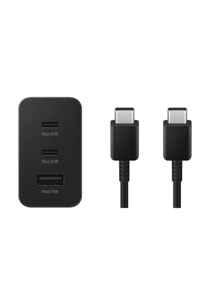 Samsung 3in1 65W 2xPD+UsbA 3 Çıkışlı Şarj Aleti + 60W Type-C To Type-C Hızlı Data ve Şarj Kablo 1.8M - 3