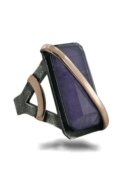 Doğal Ametist El Üretim Özel Kalite 925 Gümüş Yüzük - Resim 3