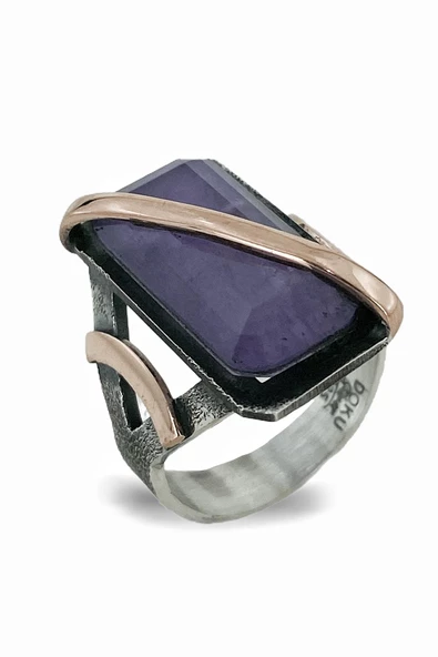 Doğal Ametist El Üretim Özel Kalite 925 Gümüş Yüzük - Resim 2