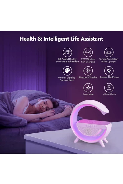 TTT G Şeklinde|Çok Fonksiyonlu|Kablosuz Şarj Standlı |Bluetooth Hoparlör | Rgb Gece Lambası App Kontrol - 6