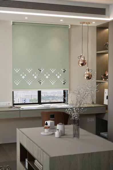 Lazer Kesim Mat Stor Perde, Lazer Kesimli Modern Serisi, M-5007 Çağla Yeşili Renk ürün görseli 1