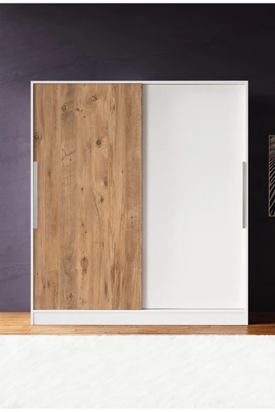 AEKA Ae-4001 Zambak Sürgülü Dolap Çok Raflı Çekmeceli Askılı Beyaz Kasalı (Çam-Beyaz Kapaklı)  Gardırop - Resim 4