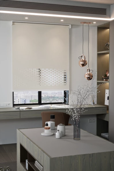 Lazer Kesim Mat Stor Perde, Lazer Kesimli Modern Serisi, M-1002 Ekru Renk ürün görseli 1