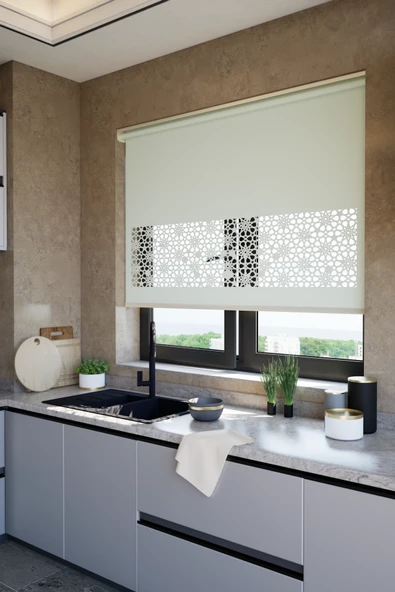 Lazer Kesim Mat Stor Perde, Lazer Kesimli Klasik Serisi, C-101007 Çağla Yeşili Renk ürün görseli 1