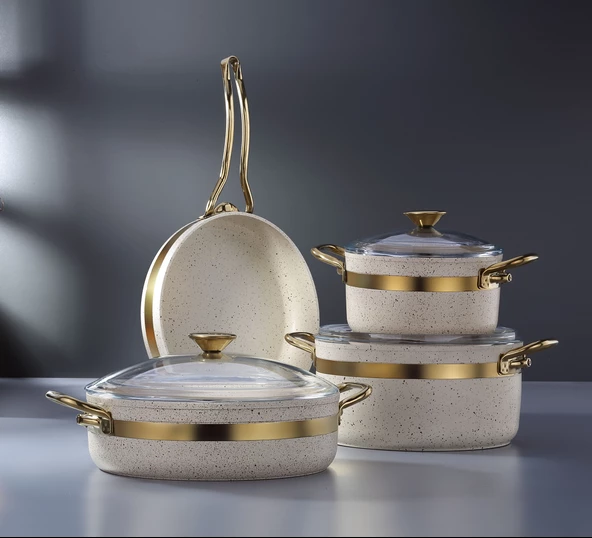 Bonera Nil 7 Parça Granit Tencere Seti Krem - Gold