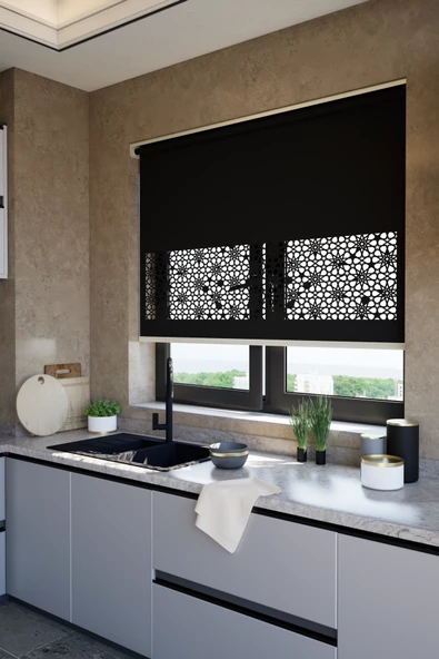 Lazer Kesim Mat Stor Perde, Lazer Kesimli Klasik Serisi, C-101008 Siyah Renk ürün görseli 1