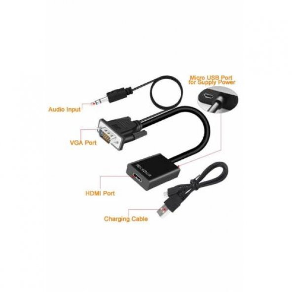 VGA Hdmi Çevirici Dönüştürücü Kablo Ses Destekli Vga to Hdmi - 3
