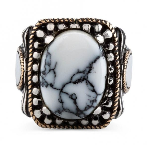 Özel Tasarım Beyaz Firuze Taşlı 925 Ayar Gümüş Yüzük - Resim 2