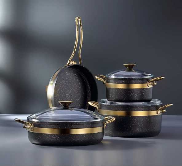 Bonera Nil 7 Parça Granit Tencere Seti Siyah - Gold