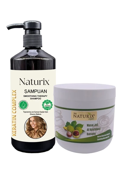 Naturix Tuzsuz Keratin Şampuan 600 ml & At Kestanesi Masaj Jeli 500 ml - 2'li Set