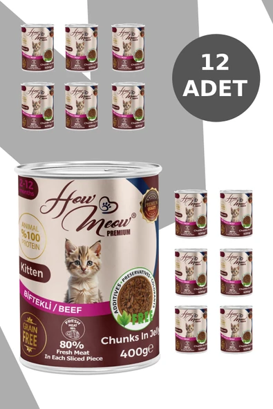 HOW MEOW 12 ADET JÖLELİ PARÇA ETLİ YAVRU KEDİ YAŞ MAMASI BİFTEKLİ 400 GRAM - 2