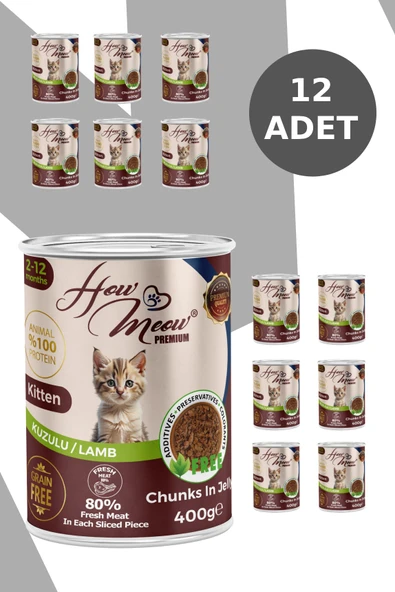 HOW MEOW 12 ADET JÖLELİ PARÇA ETLİ YAVRU KEDİ YAŞ MAMASI KUZULU 400 GRAM - Resim 2