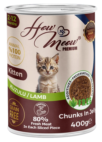 HOW MEOW 12 ADET JÖLELİ PARÇA ETLİ YAVRU KEDİ YAŞ MAMASI KUZULU 400 GRAM ürün görseli