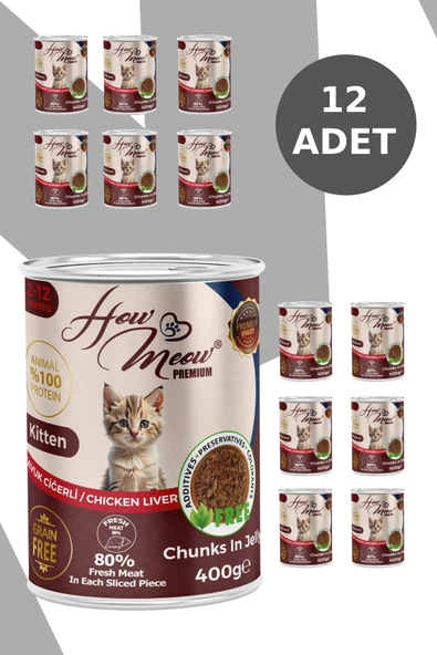 HOW MEOW 12 ADET JÖLELİ PARÇA ETLİ YAVRU KEDİ YAŞ MAMASI TAVUK CİĞERLİ 400 GRAM - 2
