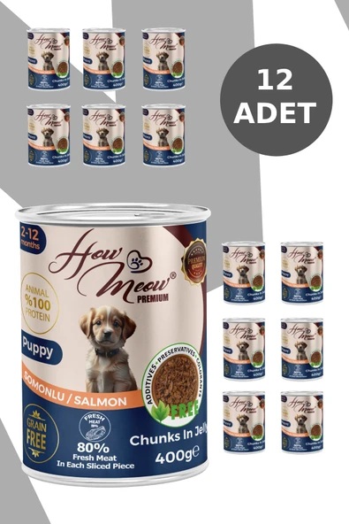 HOW MEOW 12 ADET JÖLELİ PARÇA ETLİ YAVRU KÖPEK YAŞ MAMASI SOMONLU 400 GRAM - 2