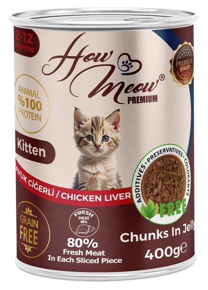 HOW MEOW 12 ADET JÖLELİ PARÇA ETLİ YAVRU KEDİ YAŞ MAMASI TAVUK CİĞERLİ 400 GRAM