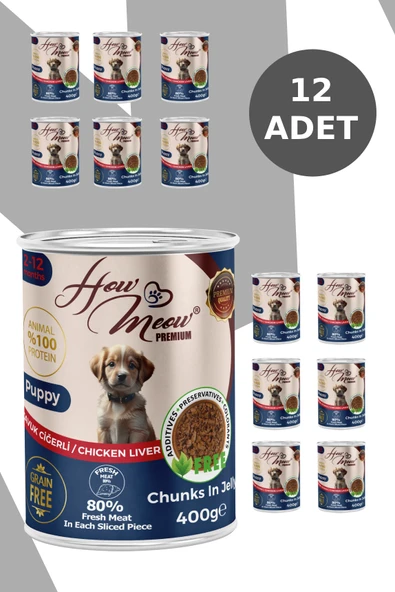HOW MEOW 12 ADET JÖLELİ PARÇA ETLİ YAVRU KÖPEK YAŞ MAMASI TAVUK CİĞERLİ 400 GRAM - 2